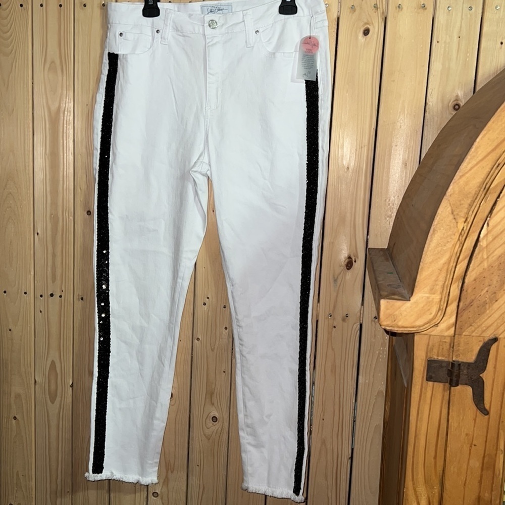 Libby Edelman White/Blk Sequin Skinny Jean 14 NWT